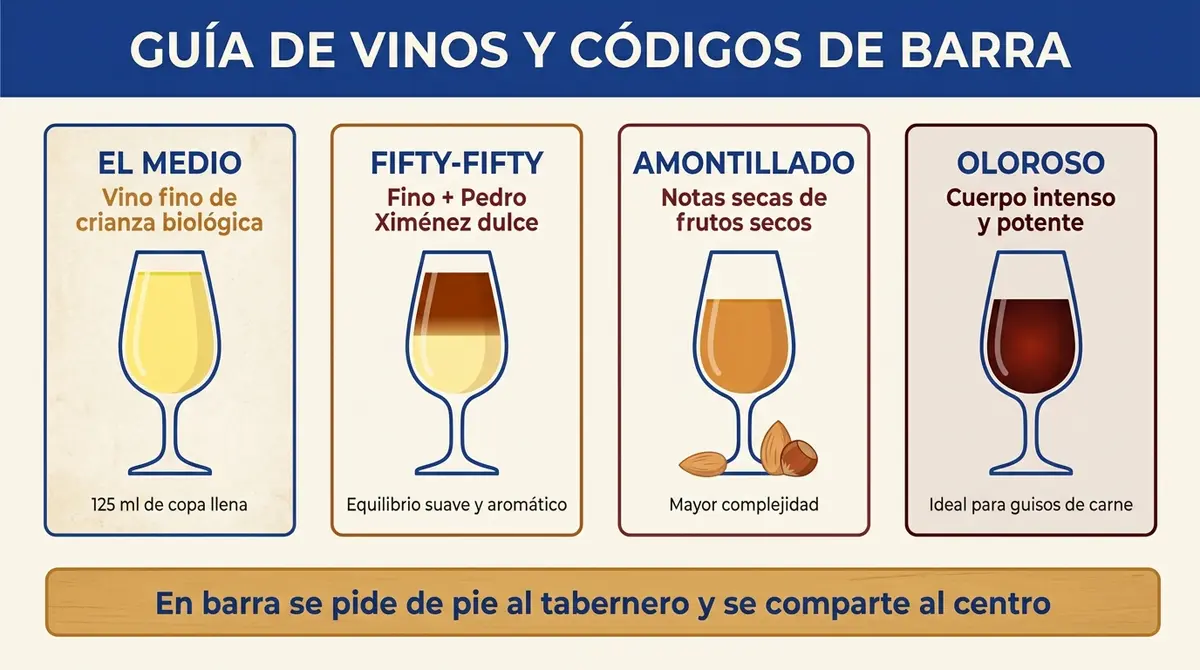 Guía visual de vinos Montilla-Moriles y códigos de consumo en barra en Córdoba