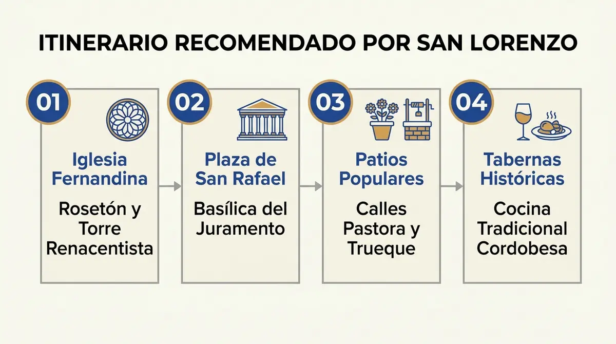 Infografía del itinerario a pie con las cuatro paradas imprescindibles en el barrio de San Lorenzo de Córdoba