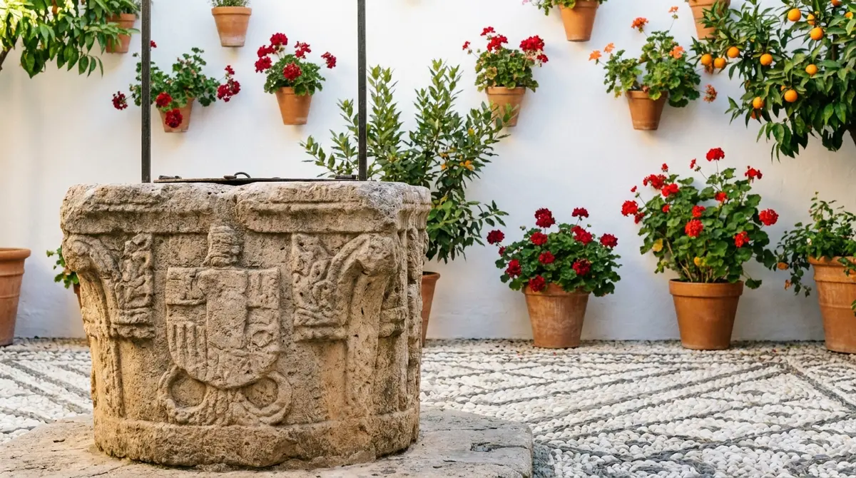 Detalle arquitectónico de un patio tradicional cordobés con brocal de pozo de piedra y macetas encaladas