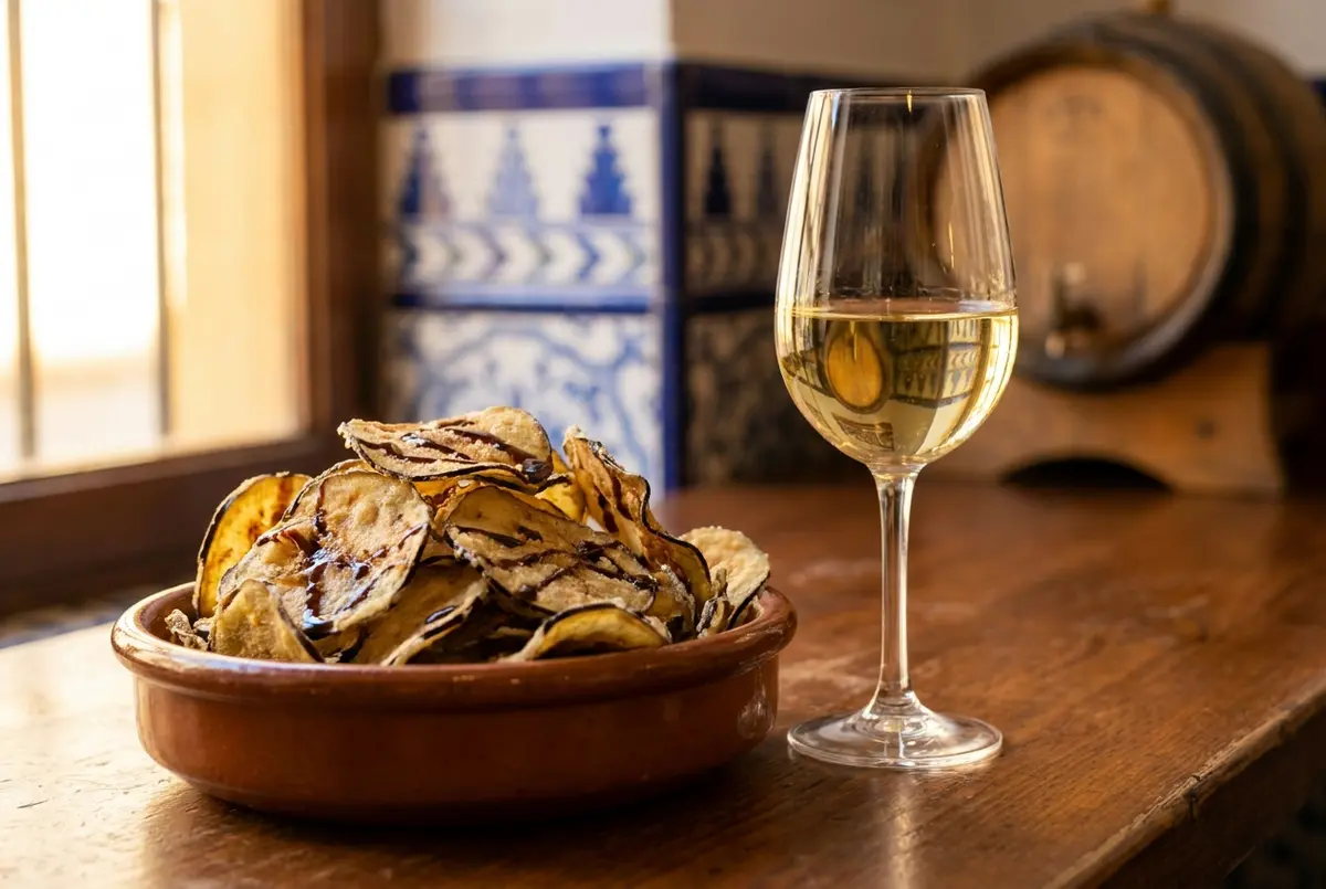 Plato tradicional de berenjenas fritas y catavinos de fino en barra de taberna cordobesa
