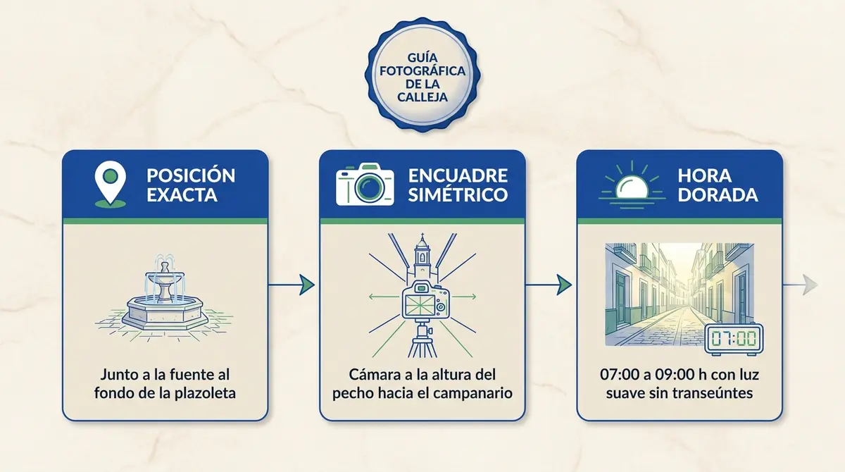 Esquema secuencial con consejos y parámetros para fotografiar la Calleja de las Flores en Córdoba