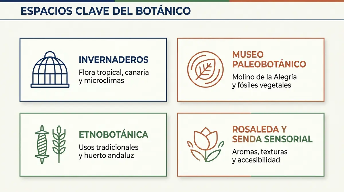 Esquema visual con las cuatro áreas principales que ver en el Real Jardín Botánico de Córdoba